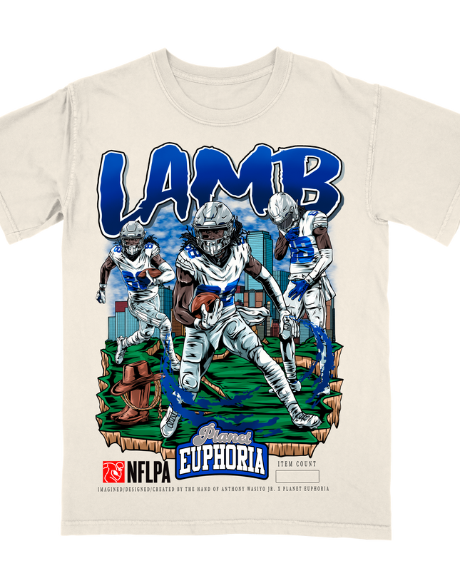 Cee Dee Lamb Dallas NFL Player #88 graphic tee by Planet Euphoria in off-white, front view.