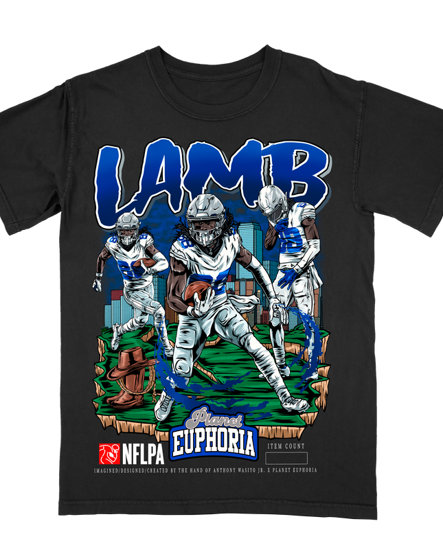 Cee Dee Lamb Dallas NFL Player #88 graphic tee by Planet Euphoria in black, front view.