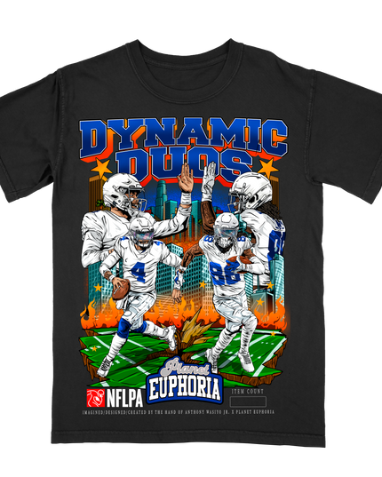 Dak Prescott and CeeDee Lamb Dynamnic Duos Cowboys graphic tee by Planet Euphoria in black, front view.
