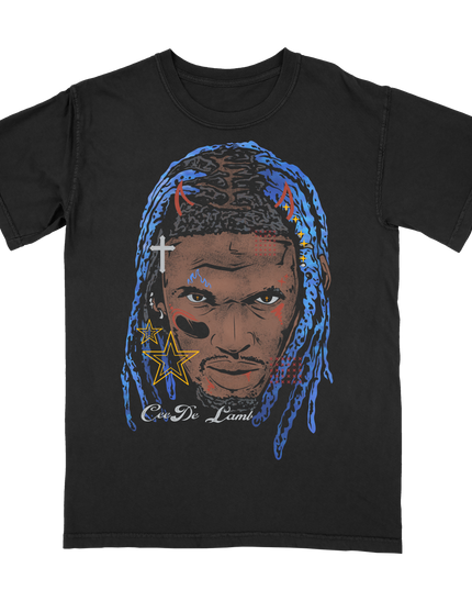 CeeDee Lamb with blue hair Fat Head NFLPA graphic t-shirt by Planet Euphoria in black, front view.