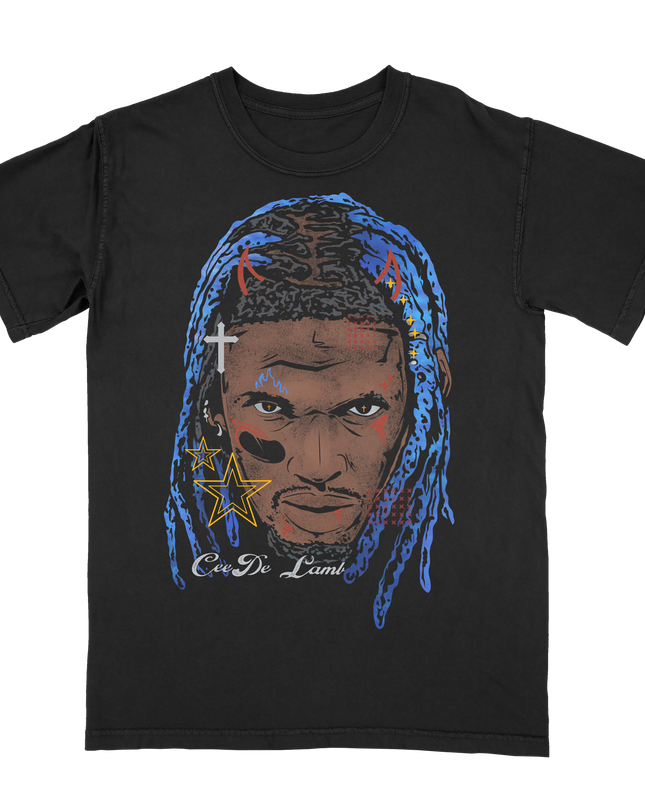 CeeDee Lamb with blue hair Fat Head NFLPA graphic t-shirt by Planet Euphoria in black, front view.