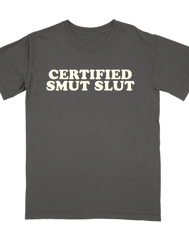 Certified Smut Slut funny tee by Planet Euphoria in black, front view.