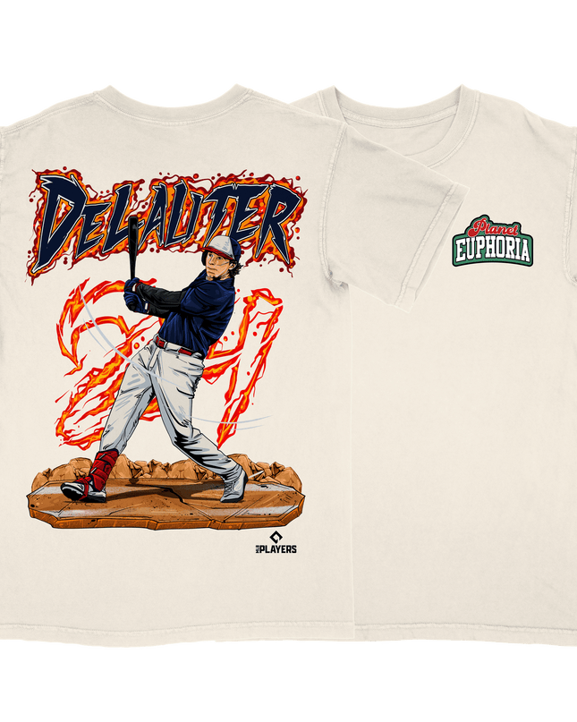 Chase DeLauter Cleveland Guardians baseball graphic t-shirt by Planet Euphoria in off-white, front and back view