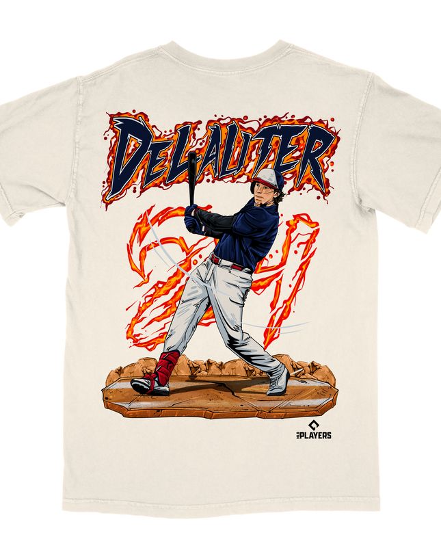 Chase DeLauter Cleveland Guardians baseball graphic t-shirt by Planet Euphoria in off-white, back view.