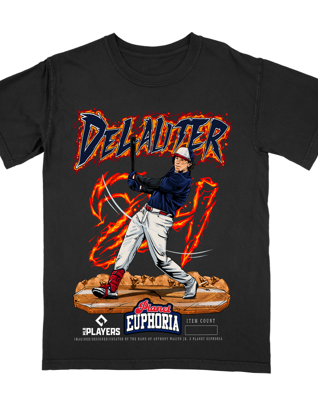 Chase DeLauter Cleveland Guardians baseball graphic t-shirt by Planet Euphoria in black, front view