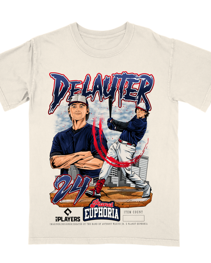 Chase DeLauter MLB Player graphic tee by Planet Euphoria in off-white, front view.