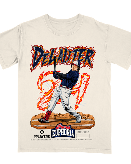 Chase DeLauter #24 baseball graphic tee by Planet Euphoria in off-white, front view.