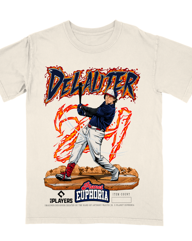 Chase DeLauter #24 baseball graphic tee by Planet Euphoria in off-white, front view.