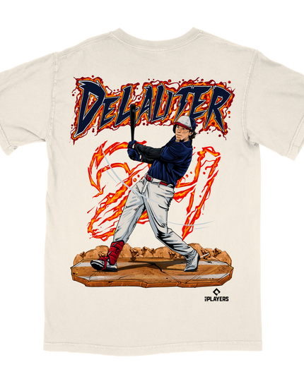 Chase DeLauter Cleveland Guardians baseball graphic t-shirt from Planet Euphoria, off-white shirt, back view