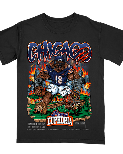 Chicago Bears graphic t-shirt featuring giant bear in football uniform by Planet Euphoria in black, front view.