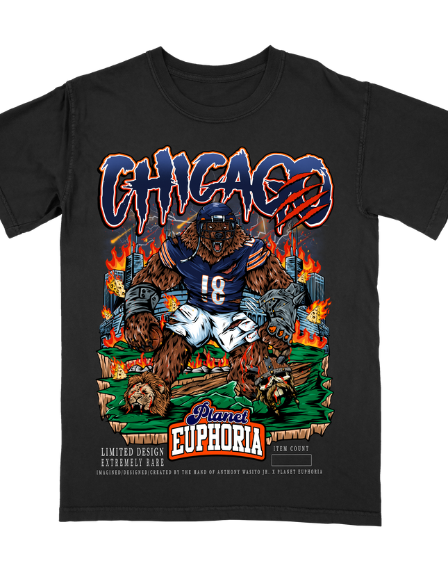 Chicago Bears graphic t-shirt featuring giant bear in football uniform by Planet Euphoria in black, front view.