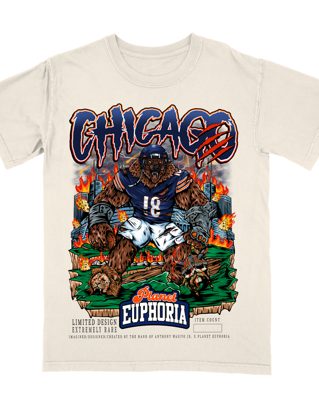 Chicago Bears graphic t-shirt featuring giant bear in football uniform by Planet Euphoria in off-white, front view.