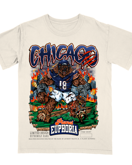 Chicago Bears youth sized graphic t-shirt featuring giant bear in football uniform by Planet Euphoria in off-white, front view.