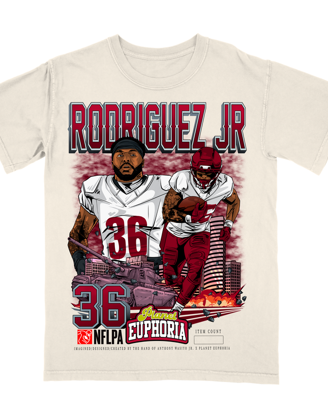 Chris Rodriguez Jr Washington football NFLPA graphic tee army tank by Planet Euphoria in off-white, front view.