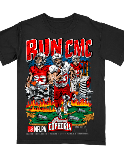 Run CMC Christian McCaffrey graphic NFL player t-shirt by Planet Euphoria in black, front view.