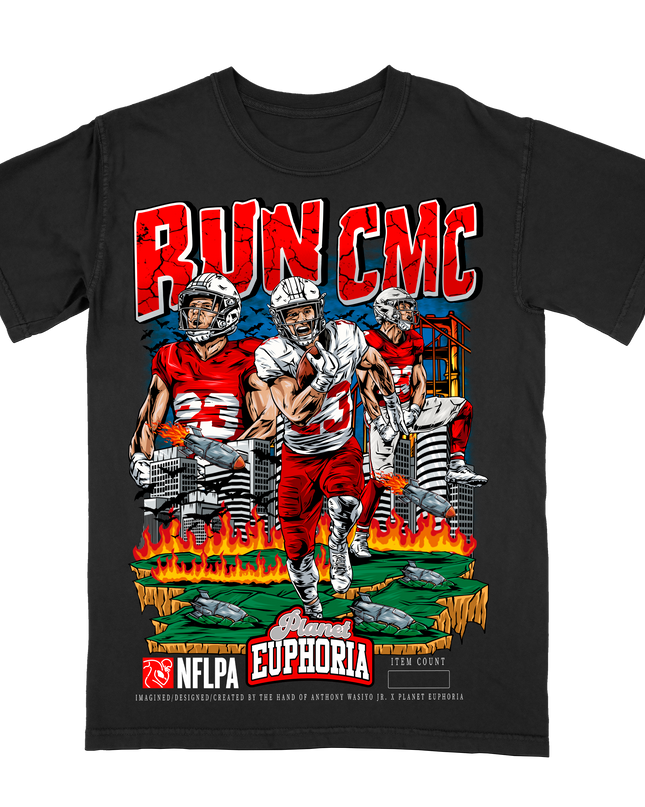 Run CMC Christian McCaffrey graphic NFL player t-shirt by Planet Euphoria in black, front view.
