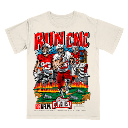 Run CMC Christian McCaffrey graphic NFL player t-shirt by Planet Euphoria in off-white, front view.