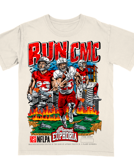 Run CMC Christian McCaffrey graphic NFL player t-shirt by Planet Euphoria in off-white, front view.
