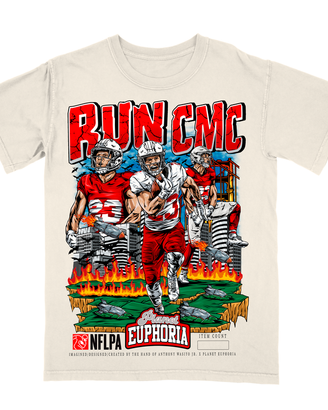 Run CMC Christian McCaffrey graphic NFL player t-shirt by Planet Euphoria in off-white, front view.
