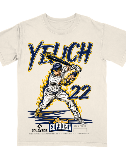 Christian Yelich Milwaukee graphic tee by Planet Euphoria in off-white, front view.