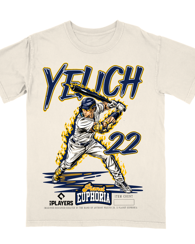 Christian Yelich Milwaukee graphic tee by Planet Euphoria in off-white, front view.