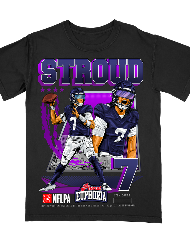 CJ Stroud Houston QB1 NFL player graphic t-shirt, by Planet Euphoria in black, front view.