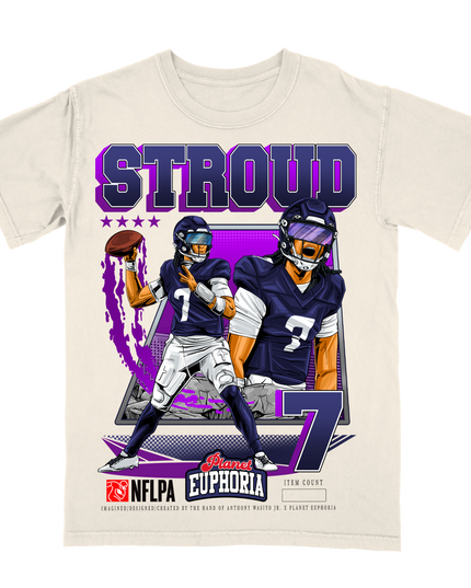 CJ Stroud Houston QB1 NFL player graphic tee by Planet Euphoria in off-white, front view.