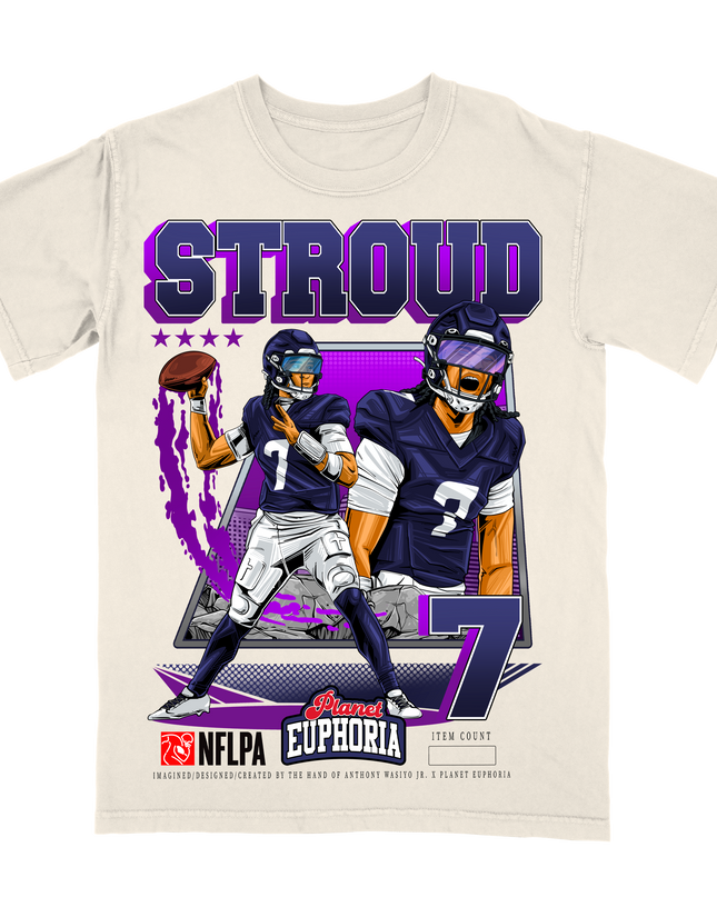 CJ Stroud Houston QB1 NFL player graphic tee by Planet Euphoria in off-white, front view.
