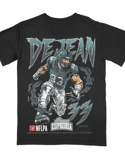 Cooper DeJean Philadelphia Eagles #33 NFLPA graphic tee by Planet Euphoria in black, front view.