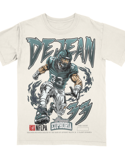 Cooper DeJean Philadelphia #33 NFLPA limited edition graphic t-shirt  by Planet Euphoria in off-white, front view.