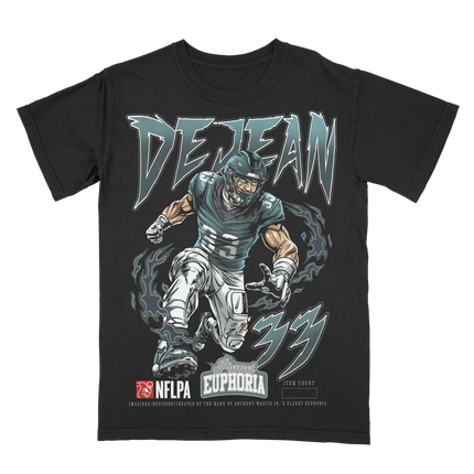 Cooper DeJean Philadelphia Eagles NFLPA graphic tee by Planet Euphoria in black, front view.