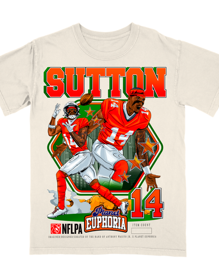 Courtland Sutton Denver #14 NFL player graphic t-shirt by Planet Euphoria in off-white, front view.