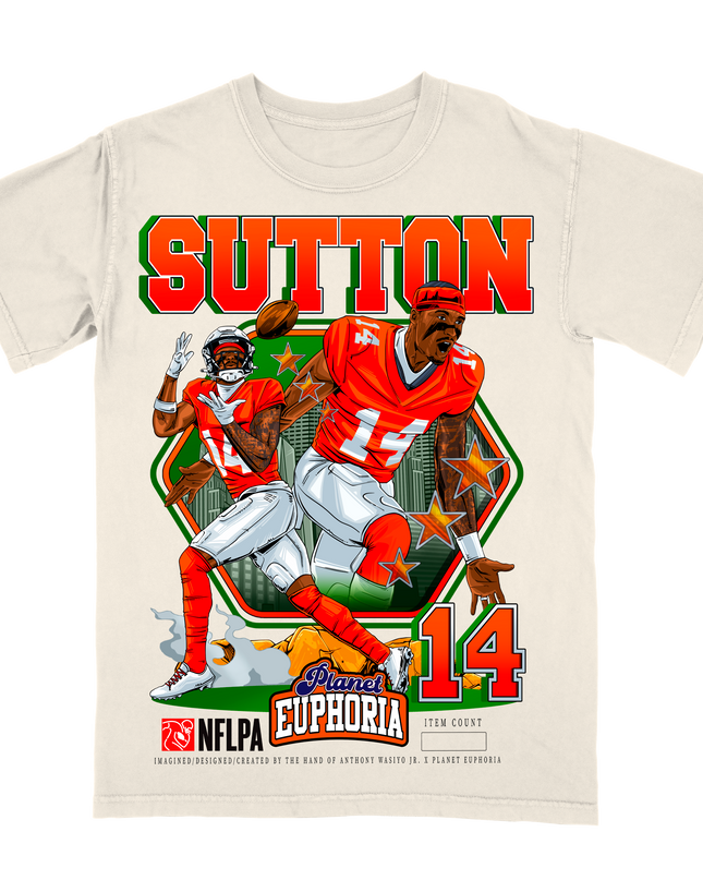 Courtland Sutton Denver #14 NFL player graphic t-shirt by Planet Euphoria in off-white, front view.