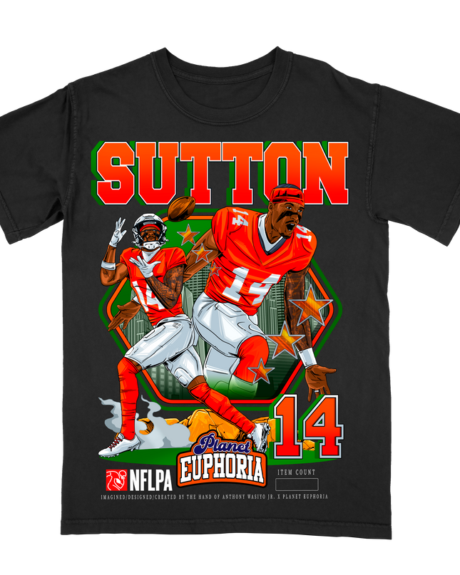Courtland Sutton Denver #14 NFL player graphic t-shirt by Planet Euphoria in black, front view.