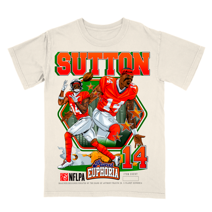 Courtland Sutton Denver NFL player graphic t-shirt, V2, by Planet Euphoria in off-white, front view.