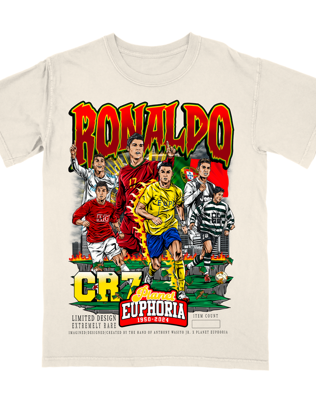 Cristiano Ronaldo CR7 graphic tee by Planet Euphoria in off-white, front view.