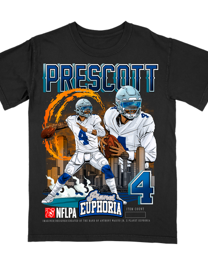 Dak Prescott Dallas skyline NFL graphic tee by Planet Euphoria in black, front view.