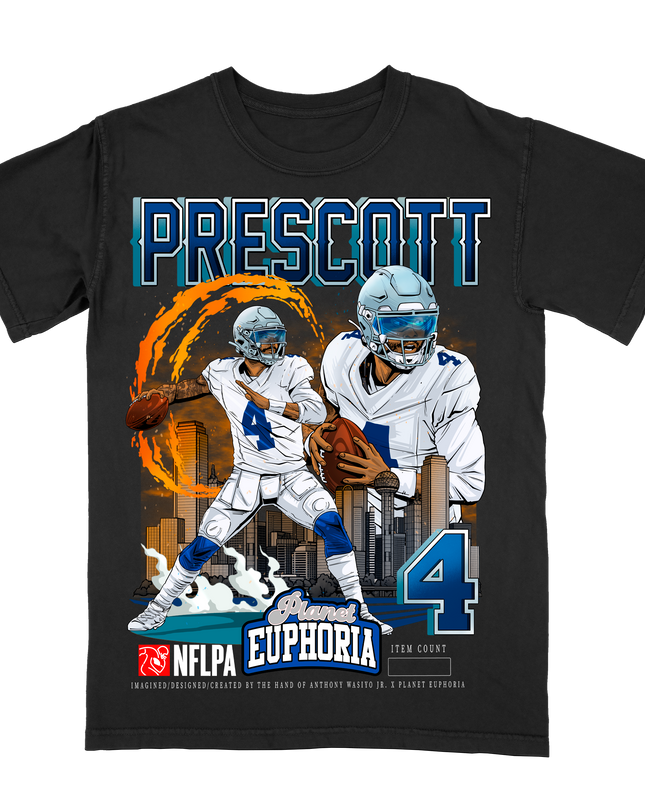 Dak Prescott Dallas skyline NFL graphic tee by Planet Euphoria in black, front view.