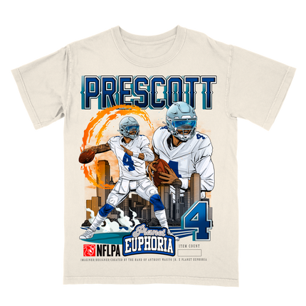 Dak Prescott Dallas skyline NFL graphic tee by Planet Euphoria in off-white, front view.