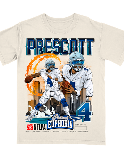 Dak Prescott Dallas skyline NFL graphic tee by Planet Euphoria in off-white, front view.