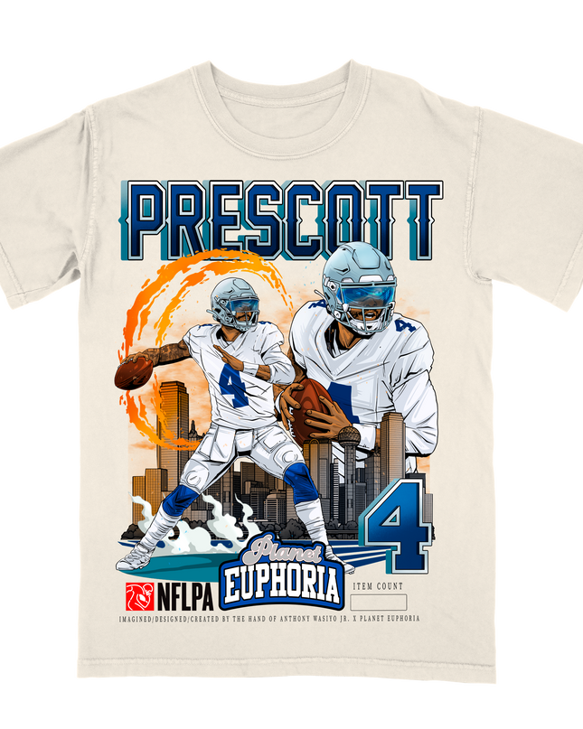 Dak Prescott Dallas skyline NFL graphic tee by Planet Euphoria in off-white, front view.