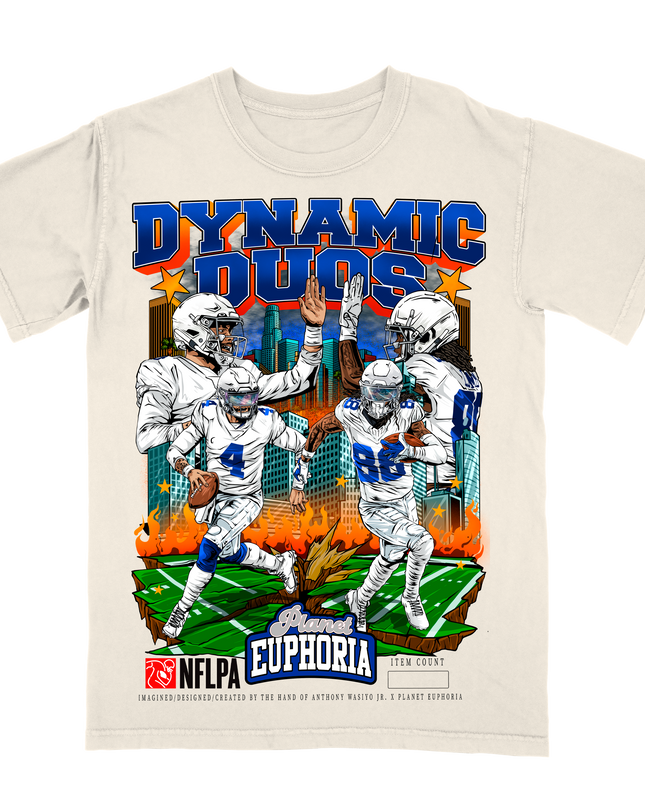 Dak Prescott and CeeDee Lamb Dynamnic Duos Cowboys graphic tee by Planet Euphoria in off-white, front view.