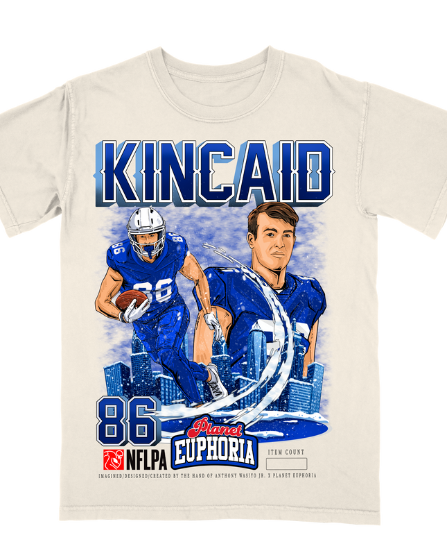 Dalton Kincaid NFL Player graphic tee by Planet Euphoria in off-white, front view.