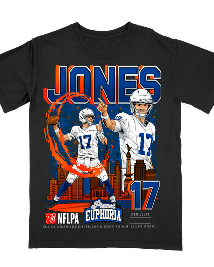 Daniel Jones 'JONES' Indianapolis NFLPA graphic t-shirt by Planet Euphoria in black, front view.
