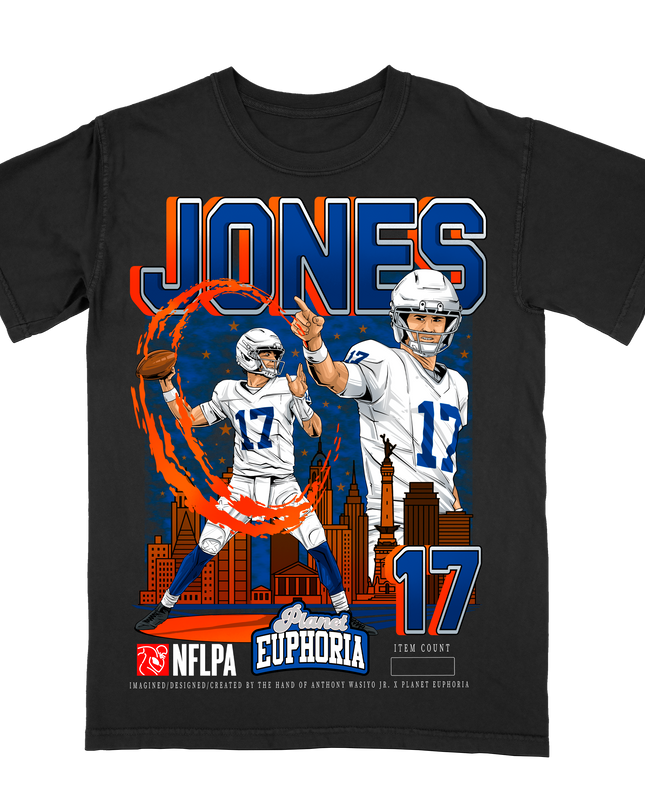 Daniel Jones 'JONES' Indianapolis NFLPA graphic t-shirt by Planet Euphoria in black, front view.