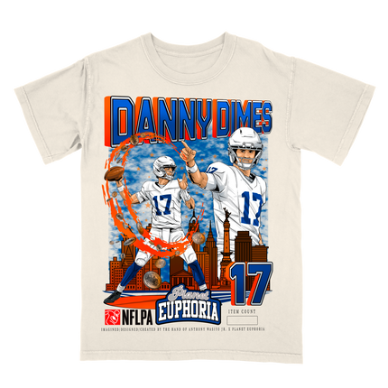 'DANNY DIMES' Daniel Jones Indianapolis NFLPA graphic t-shirt by Planet Euphoria in off-white, front view.