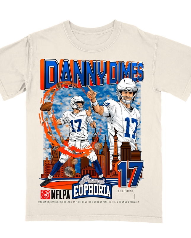 'DANNY DIMES' Daniel Jones Indianapolis NFLPA graphic t-shirt by Planet Euphoria in off-white, front view.