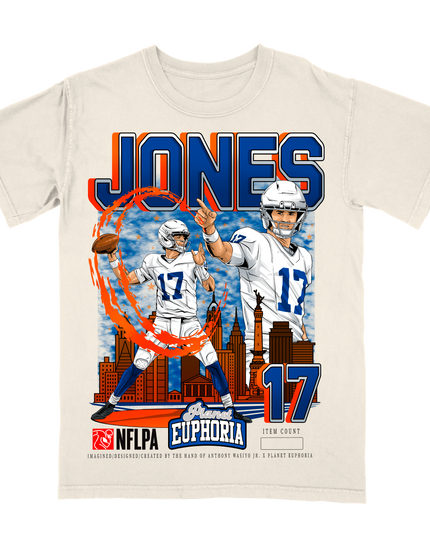 Daniel Jones 'JONES' Indianapolis NFLPA graphic t-shirt by Planet Euphoria in off-white, front view.