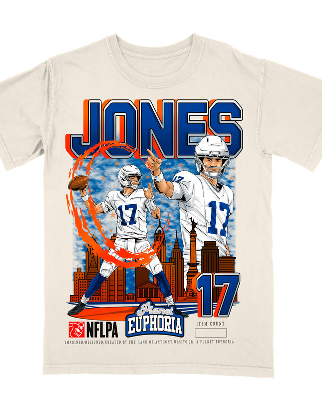Daniel Jones 'JONES' Indianapolis NFLPA graphic t-shirt by Planet Euphoria in off-white, front view.
