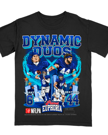 Jaxson Dart and Cam Skattebo Dynamic Duo New York NFLPA graphic tee by Planet Euphoria in black, front view.